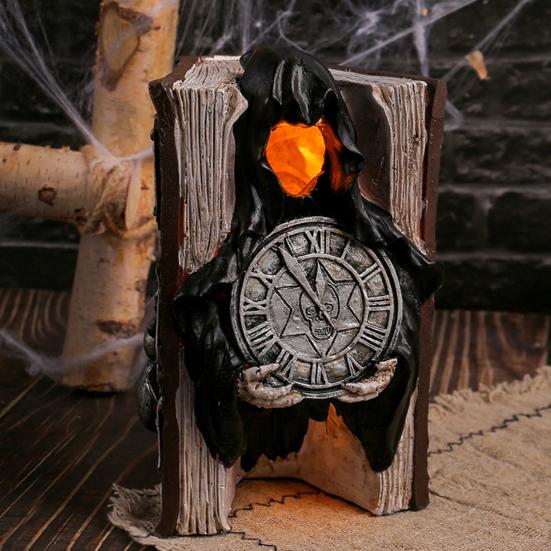 Halloween Skull Book Statue Spooky Resin Skull Spider Web Book Figurine with Grim Reaper Gothic Home Tabletop Decor