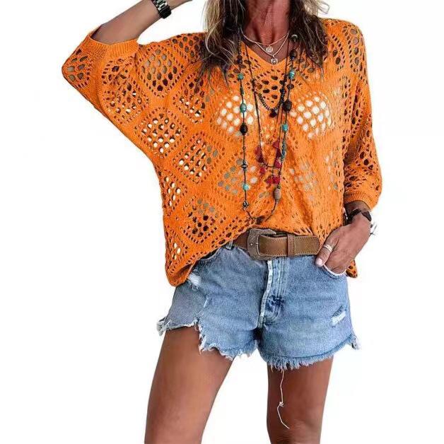 Cardigan lavorato a maglia da donna con scollo a V, intagli a forma di diamante e maniche a pipistrello, per la primavera/estate europea