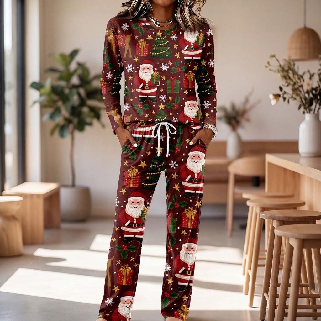 Neck Long Sleeve Wide Leg Pajama Set for Casual Loungewear