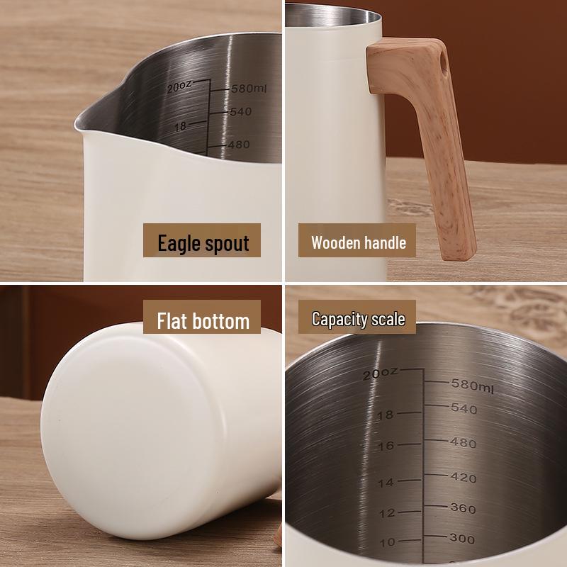 Wood Grain Handle Latte Art Cup, 304 Stainless Steel with Scale, Milk Frothing Pitcher