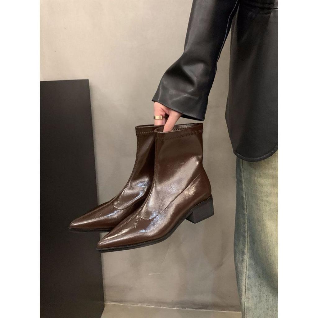 Korean small bare boots, black pointed short boots, women's shoes 2025 new models, super autumn and winter foreign thick heel thin boots
