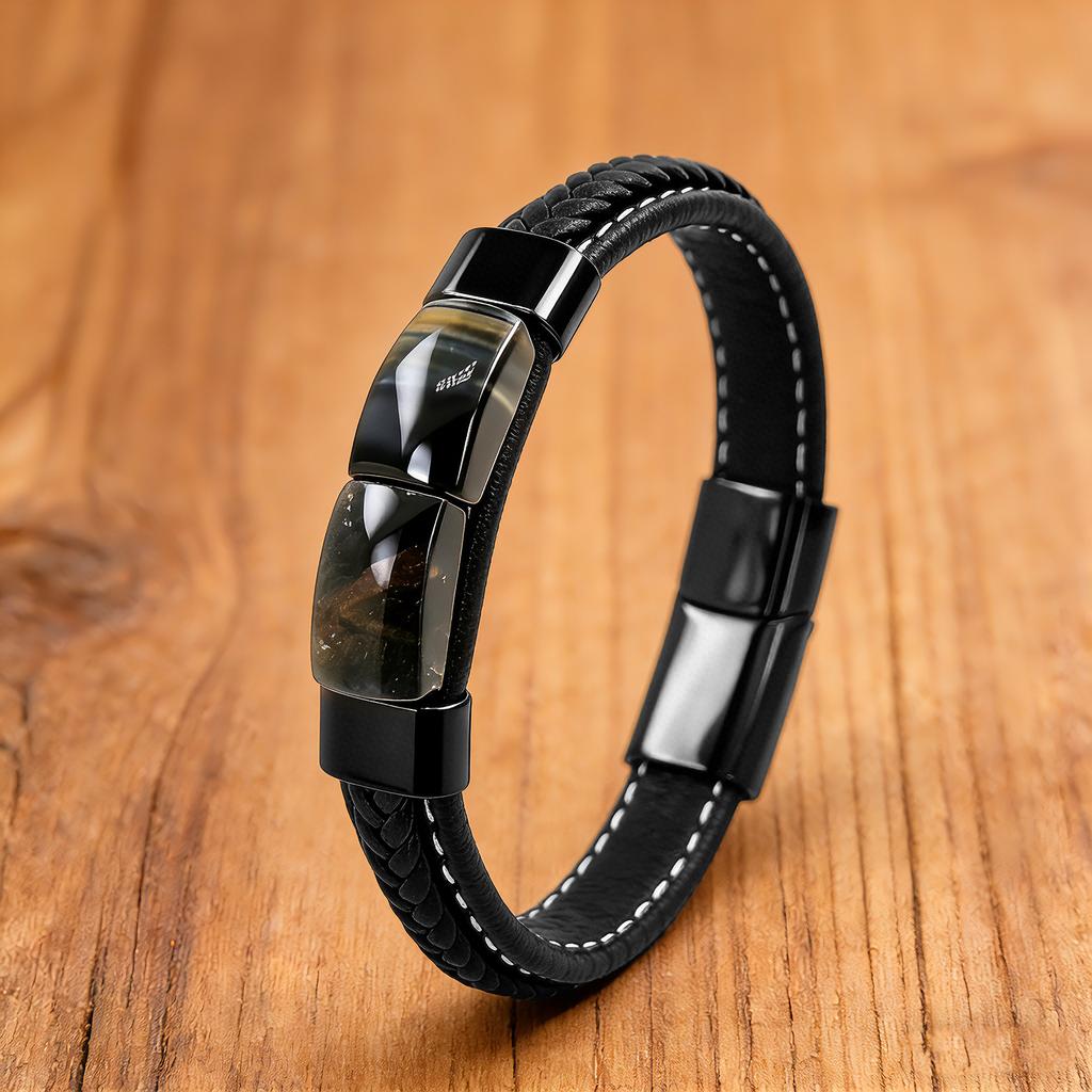 Pulsera de Cuero Trenzado con Piedra Ojo de Tigre Natural para Hombres y Mujeres Metal Negro 2026 Moda Tendencia Joyería de Lujo