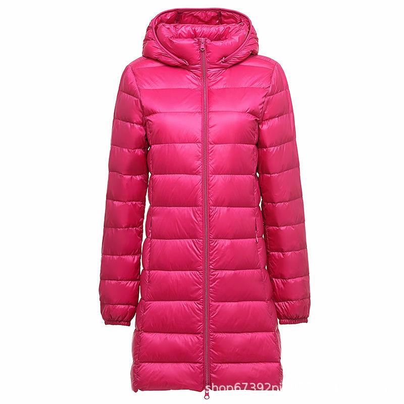 Jachetă de puf de damă ușoară, cu glugă, de lungime medie, cu glugă detașabilă - Palton de toamnă/iarnă la modă, mărime plus