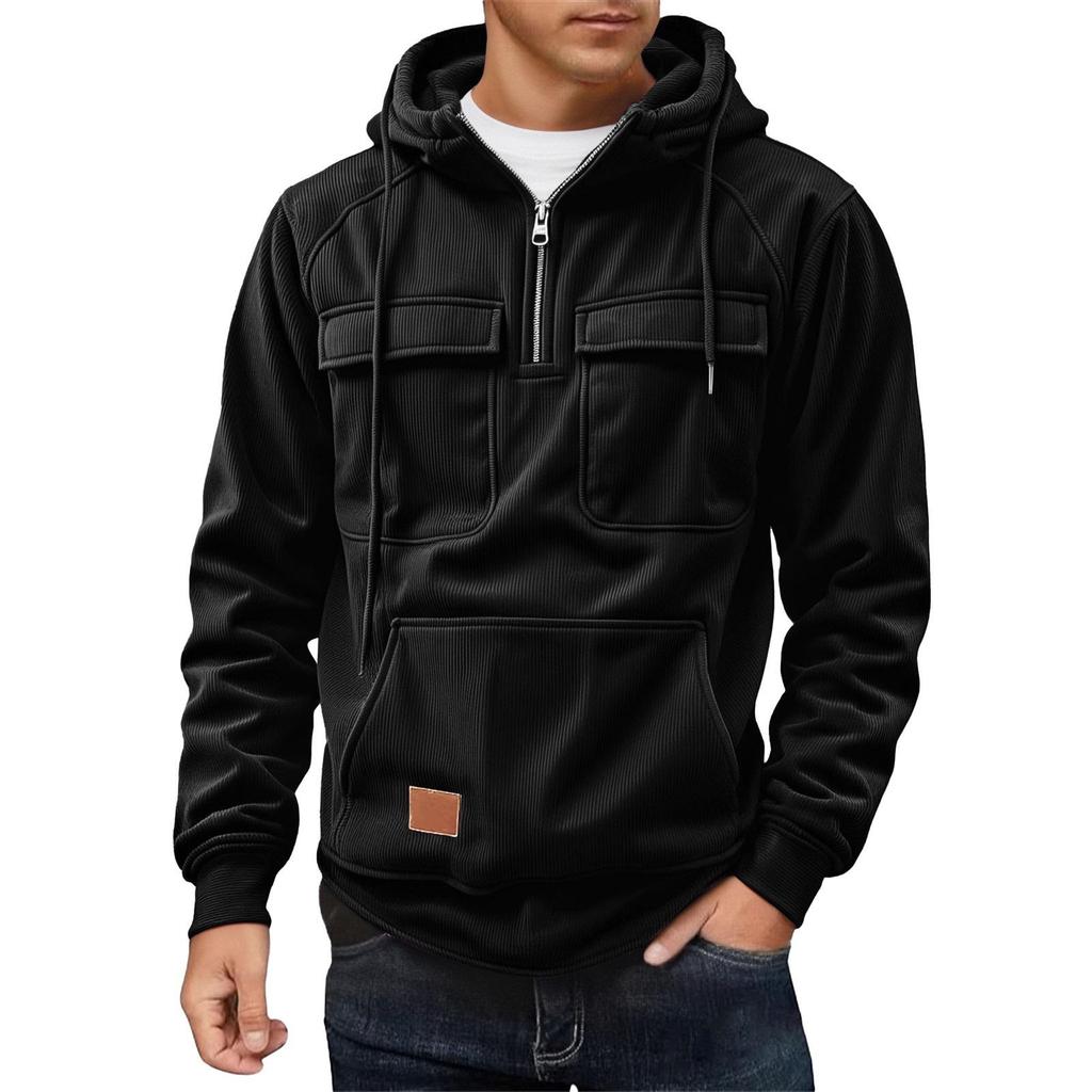 Men's Casual Multi-Pocket Zipper Hoodie - European Style for Autumn/Winter 2025