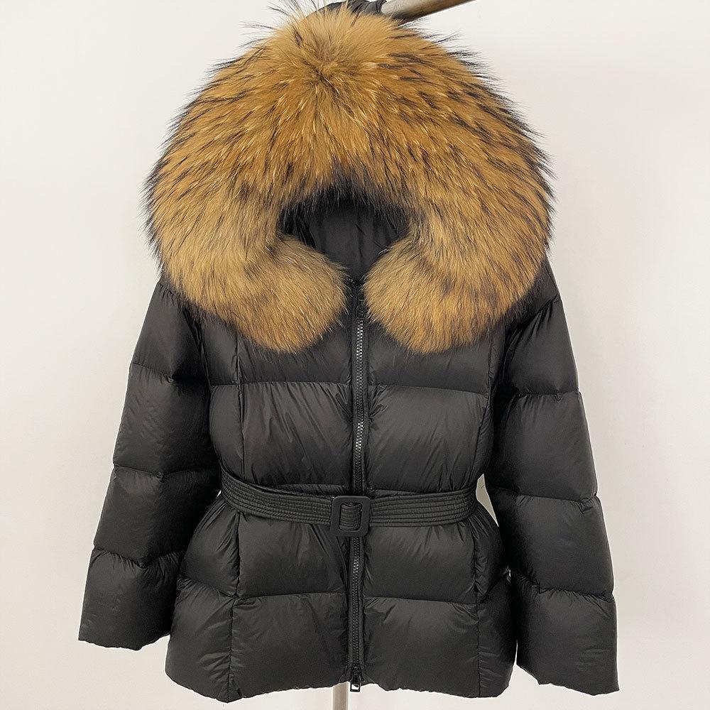 New women's winter real fox fur collar short hooded white duck down jacket women close waist and look thin