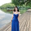 (Exclusive) Summer Beautiful Small Skirt Blue Plaid Suspender Dress, Summer New Long Dress Women's Clothing