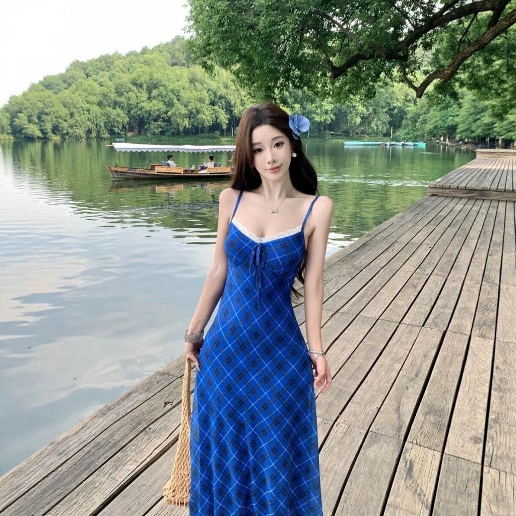 (Exclusive) Summer Beautiful Small Skirt Blue Plaid Suspender Dress, Summer New Long Dress Women's Clothing