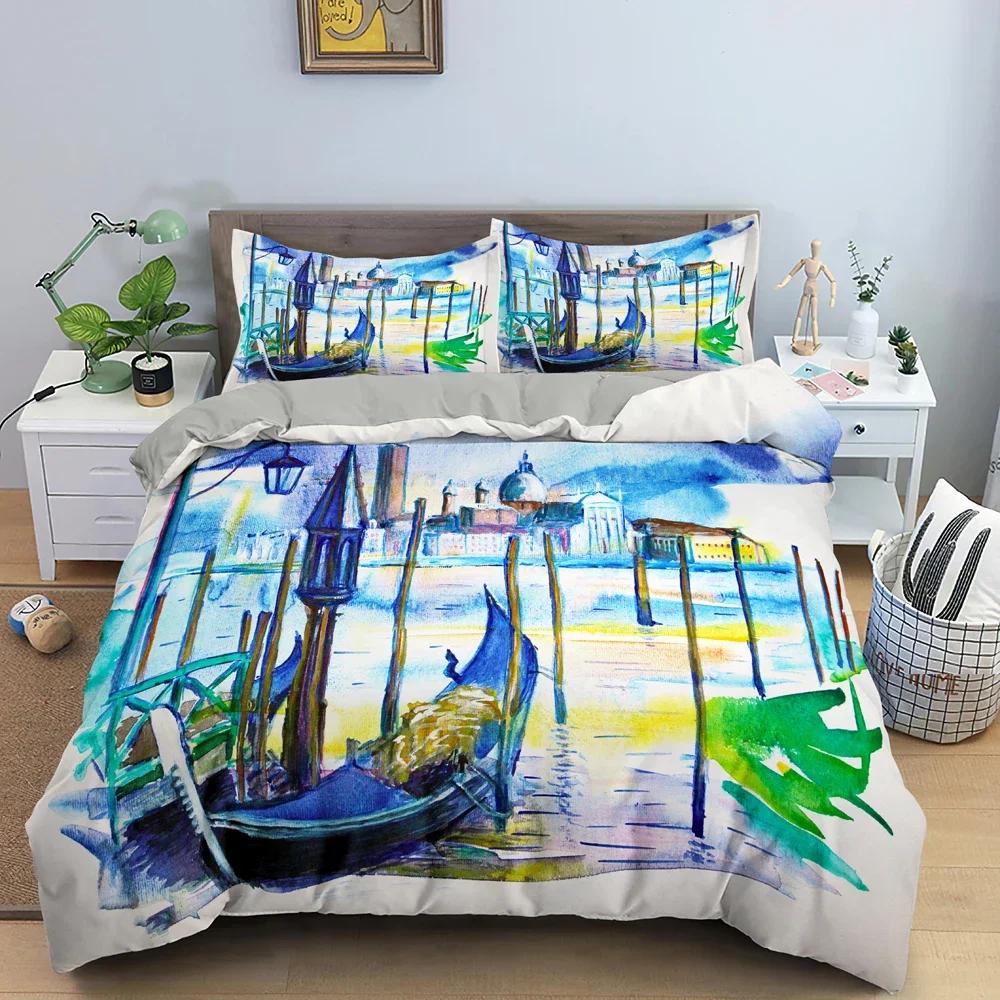 Watercolor Sailboat Comfortable Duvet Quilt Cover Pillowcase Bedding Set Children Bedroom Decoration Home Textile