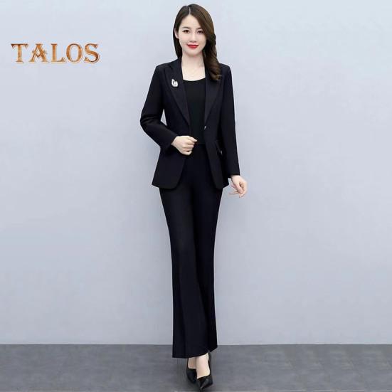 2 buc./set haină formală pentru damă, pantaloni, guler răsturnat, mâneci lungi, costum jachetă, slim fit, culoare pură, pantaloni evazați, îmbrăcăminte zilnică, ținută pentru navetă, birou