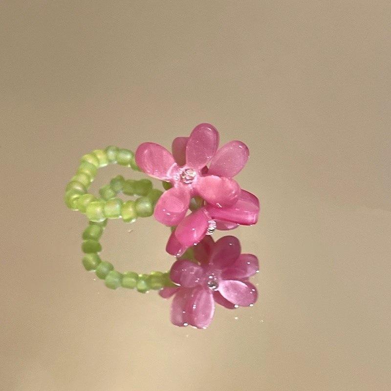 

LATS New Cute Violet Flower Ring Spring Summer Elastic Beaded Rings for Women Friends Romantic Finger Zircon Accessories Gift resizable