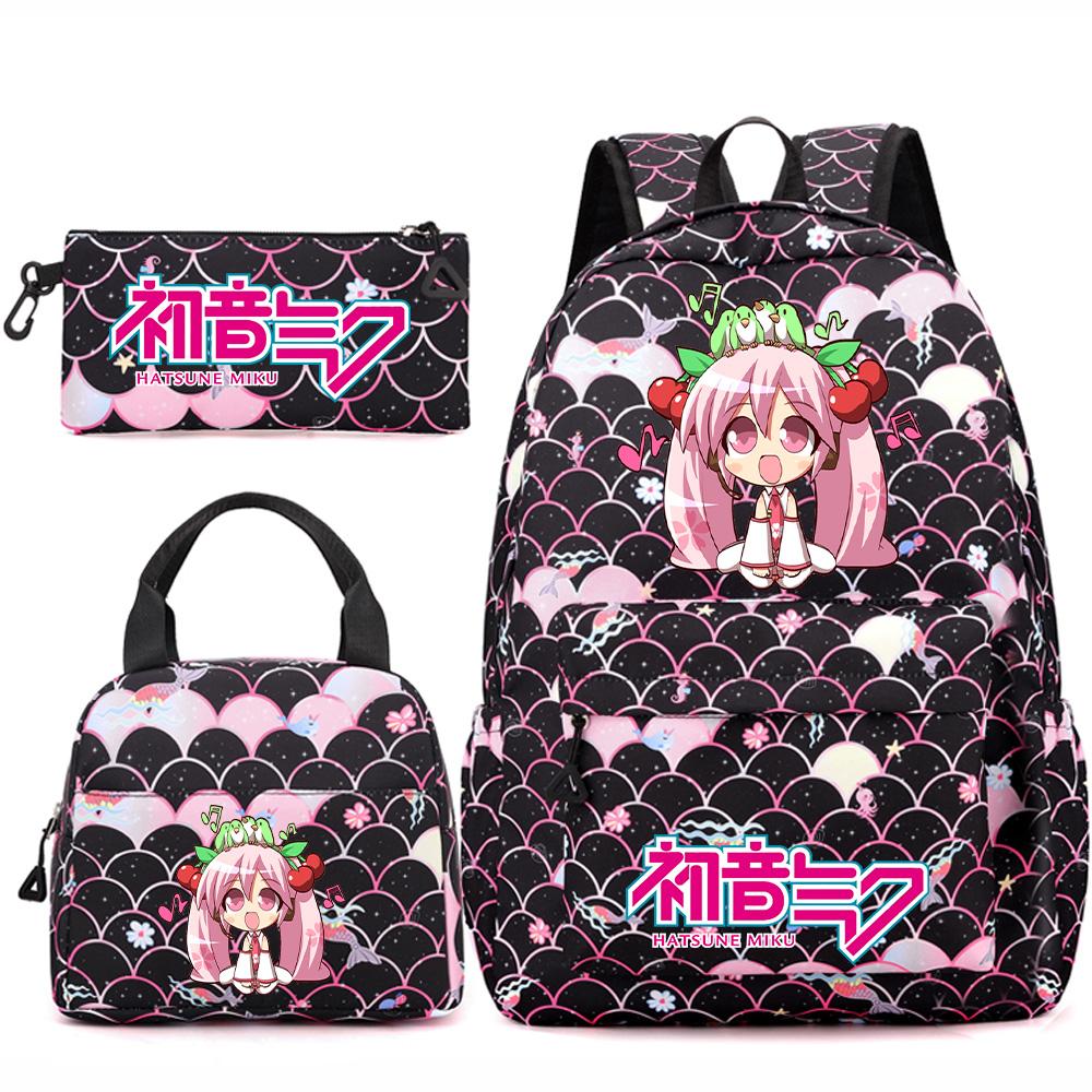 3 Stück/Set Anime Cartoon Hatsune Miku Bedruckter Rucksack Handtasche Federmäppchen für Teenager Schüler Mädchen Jungen Große Kapazität Wasserdicht Schultasche Reisetasche