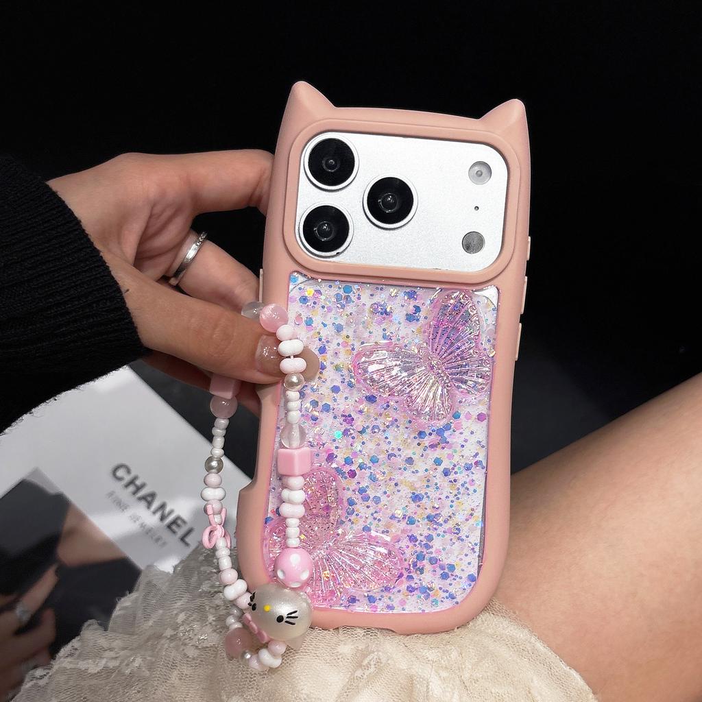 Cute Cat Ears Butterfly Transparent Lanyard Case for iPhone 17e 16 15 14 13 12 Pro Max 17 Air 11 Large Window Soft Edges Cover