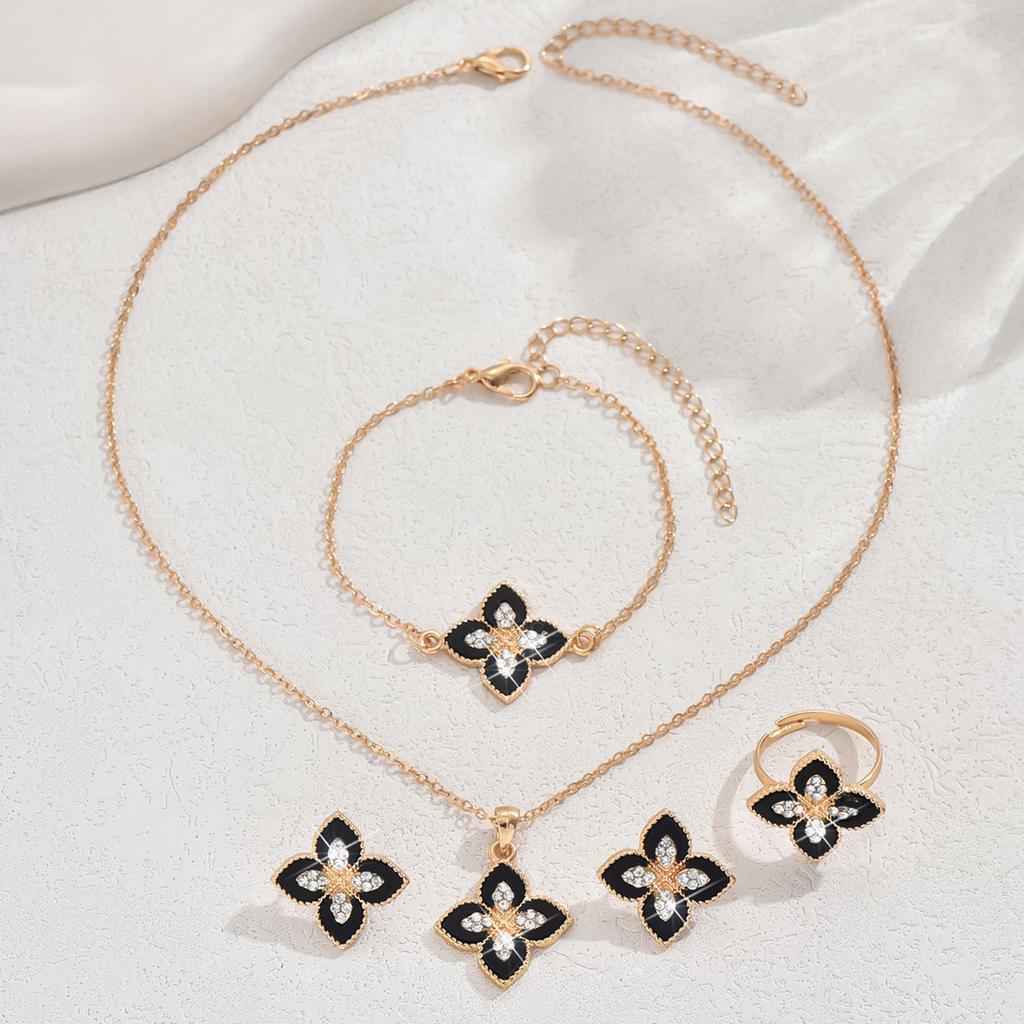 New Black Four-leaf Clover Earrings Necklace Bracelet and Ring Four-piece Jewelry Set Fashionable and Sweet