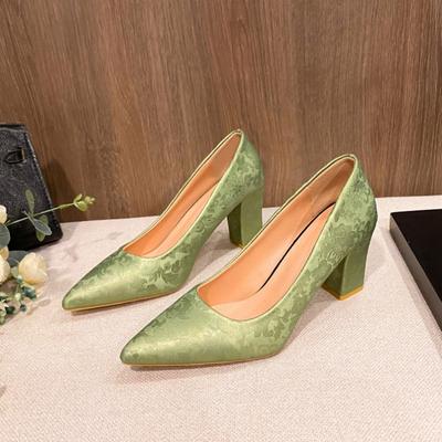 Fashion Plus Size Women Pumps 2024 New Thick Heeled Pointed Toe High Heels for Woman Retro Embroidery Elegant Lady Wedding Party Shoes