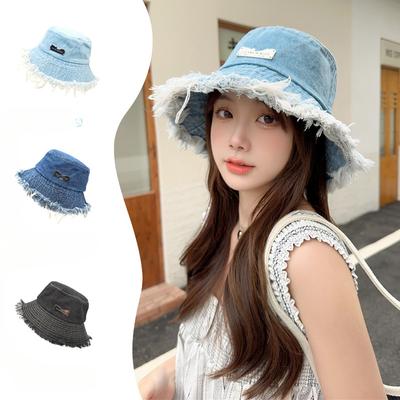 Frühling Koreanische Version Ins Retro Zweireihig Eisenmarke Denim Fischerhut Damen Gesicht Klein Sonnenhut Einfarbig Sonnenschutz Topfhut