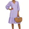 Women's Flowing Pleated V-Neck 3/4 Sleeve Linen Dress