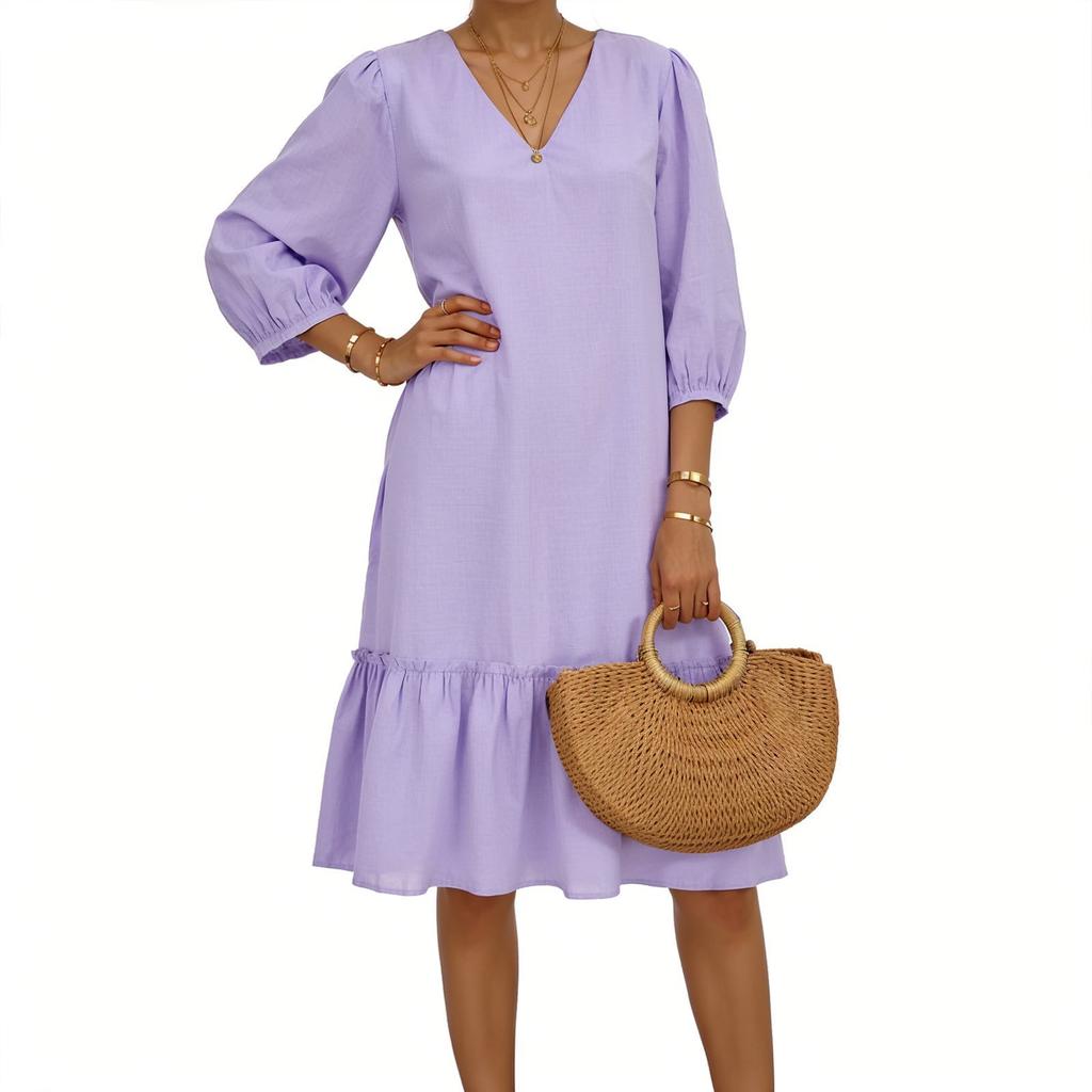 Women's Flowing Pleated V-Neck 3/4 Sleeve Linen Dress