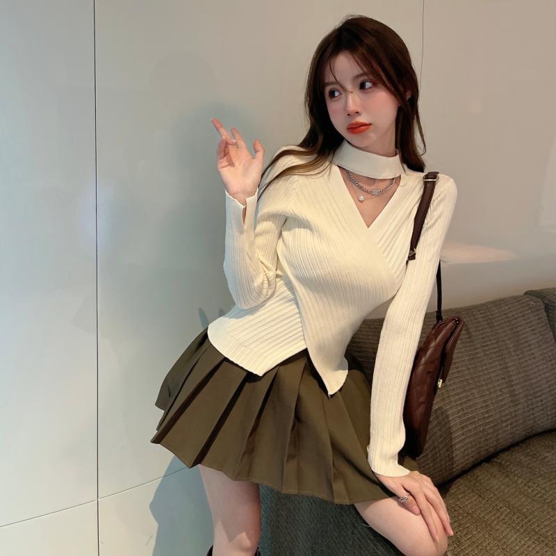 Sexy Fashion Cross V-neck Knitted Bottoming Shirt Women's Pullover Slim Fit Casual Sweater Autumn Winter Turtleneck Inner Top Solid Simple Clothing
