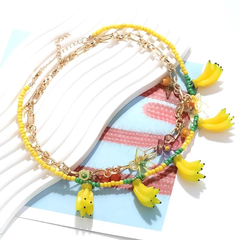 Handgefertigte Perlen Bananenblüte Anhänger Halskette Mehrschichtiger Schmuck Für Frauen Sommer Mode Harzperlen Schichtkette