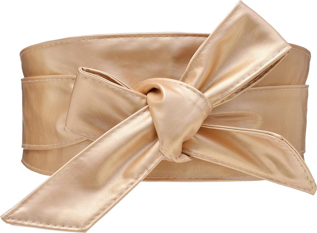 Woman Wide PU Leather Belt Obi Belt Self Tie Cinch Belt Wrap Around Bowknot Waistband Bright for Dress