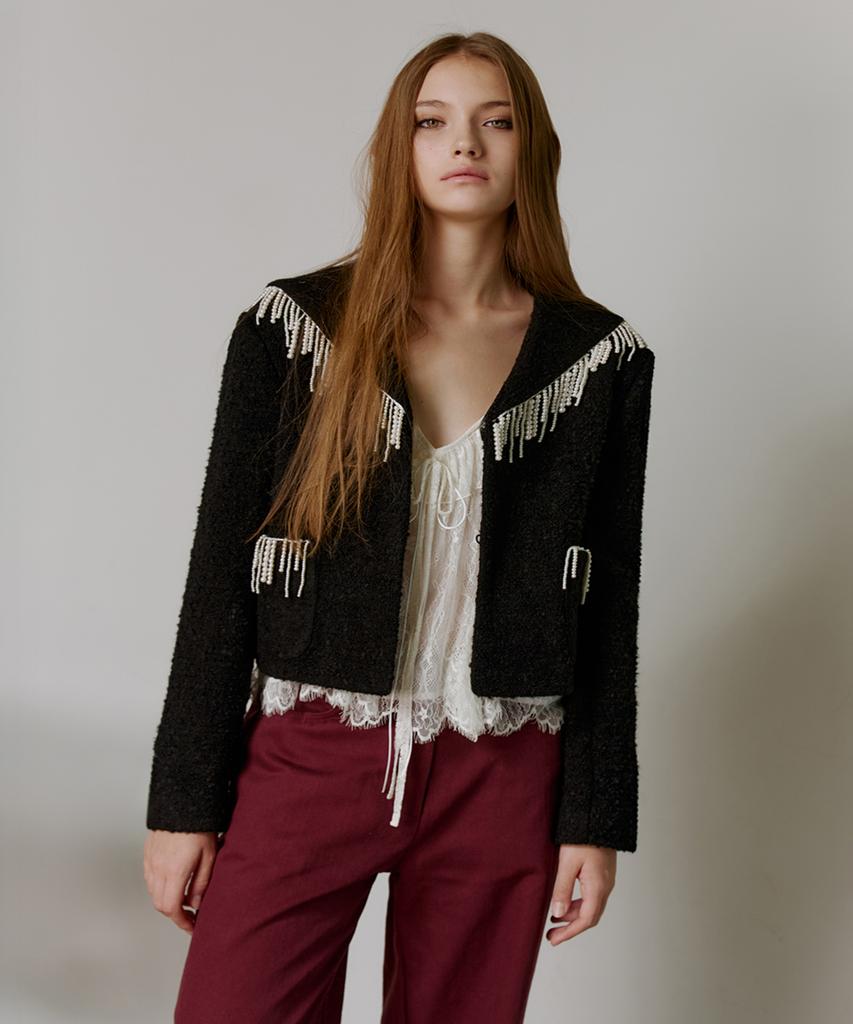 GANISONG Pearl Drop Tweed Jacket_Black