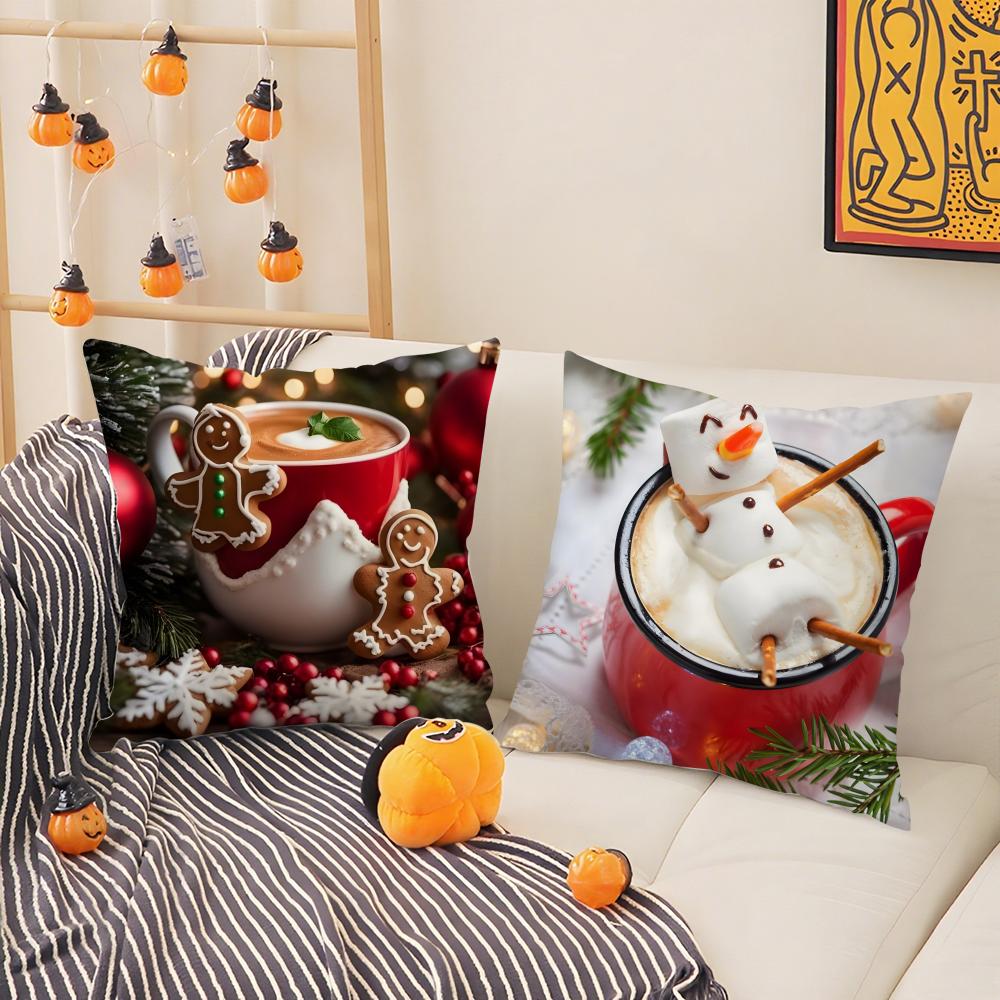 Creative Christmas Decorations For Cafes Coffee Pillow Case Silky Short Plush With Invisible Zipper Dustproof Sofa Cushion Cover