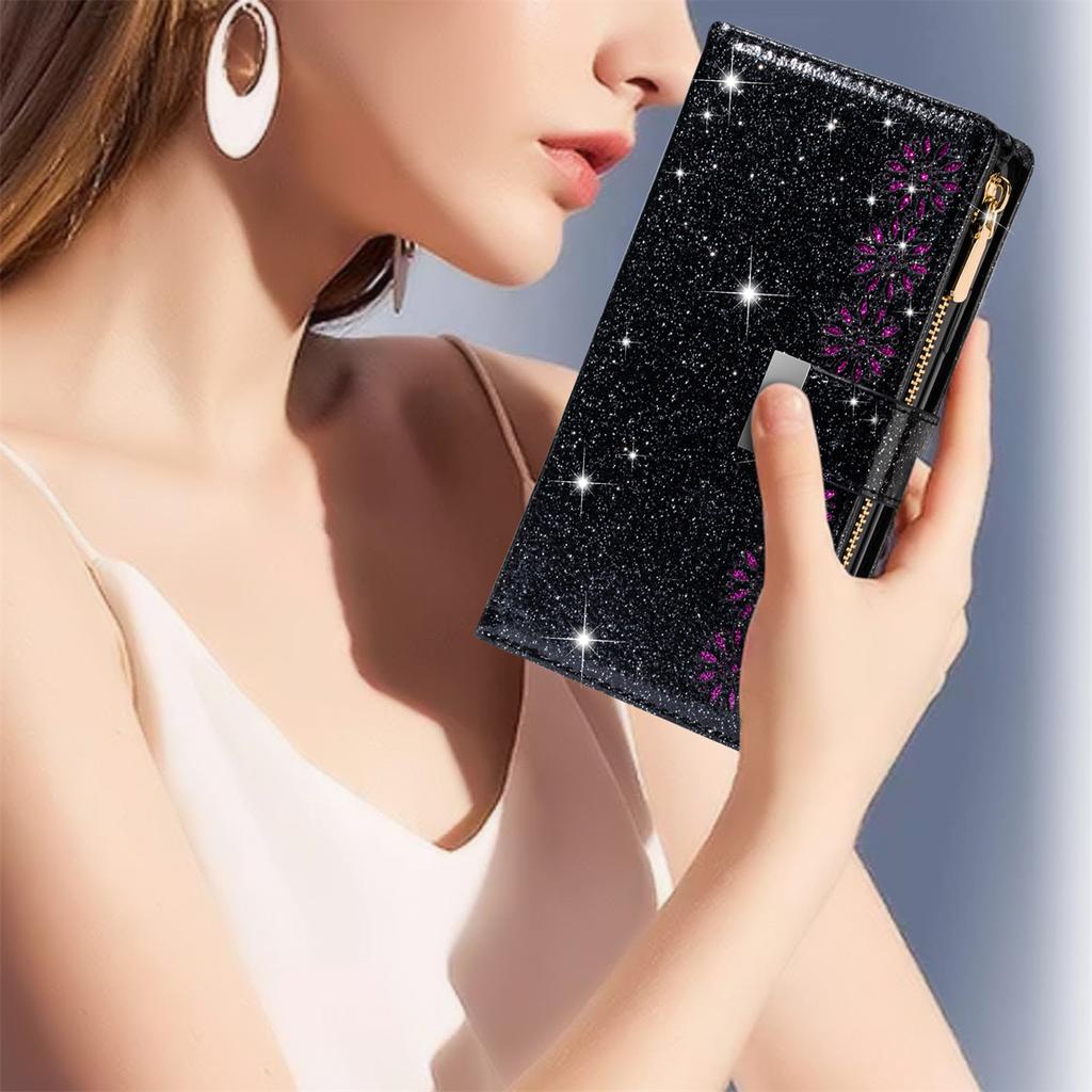 For iPhone 15 Zipper Wallet Stand Phone Case PU Leather Glittery Laser Carving Phone Cover