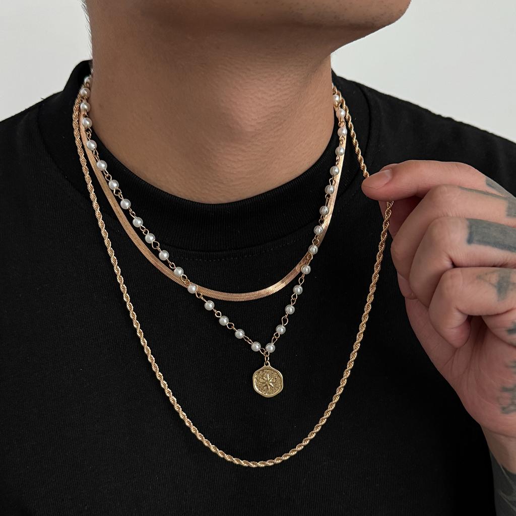 Salircon 3Pcs/set Trendy Imitation Pearl Coin Pendant Choker Necklace Men Punk Adjustable Gold Color Twist Chain Grunge Jewelry