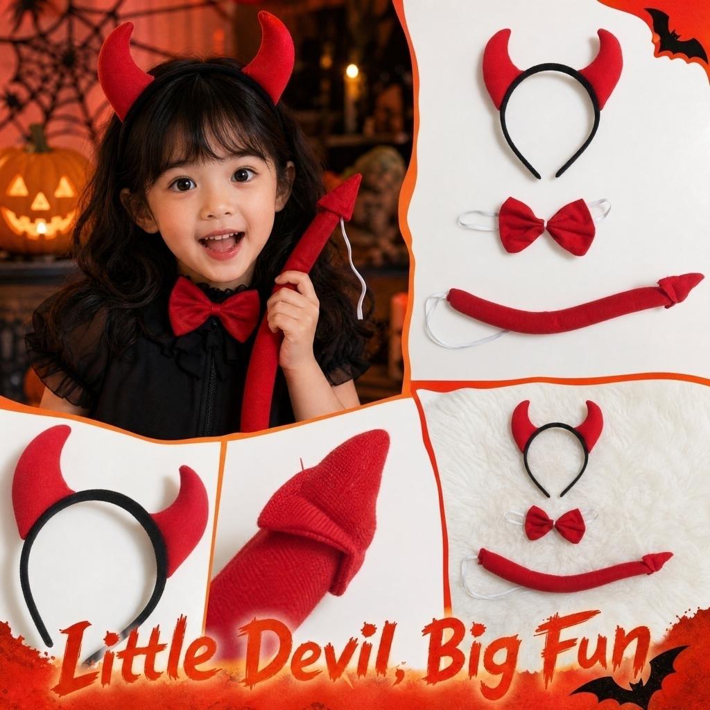 Halloween Little Devil Headband Tie and Tail Set - 3 Piece Costume Accessory for Party