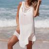 Holiday Hand-Crocheted V-Neck Pom-Pom Trim Bikini Cover-Up