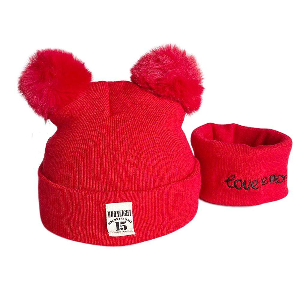 

Wool Windproof Plush Ears Infant Knitted Hat Winter Hats Scarf Set Lovely Beanie Hat Boy Girl Cap red-A5