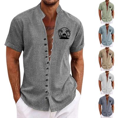 Erkek Rahat Bol Kesim Kısa Kollu Baskılı Gömlek Moda Dik Yaka Üst