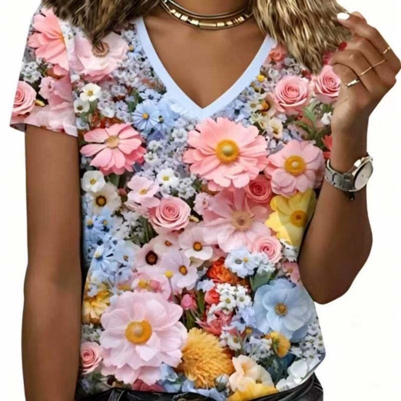Summer Ladies 3D Printed V-Neck T-Shirt Fashion Versatile Breathable Trend Casual