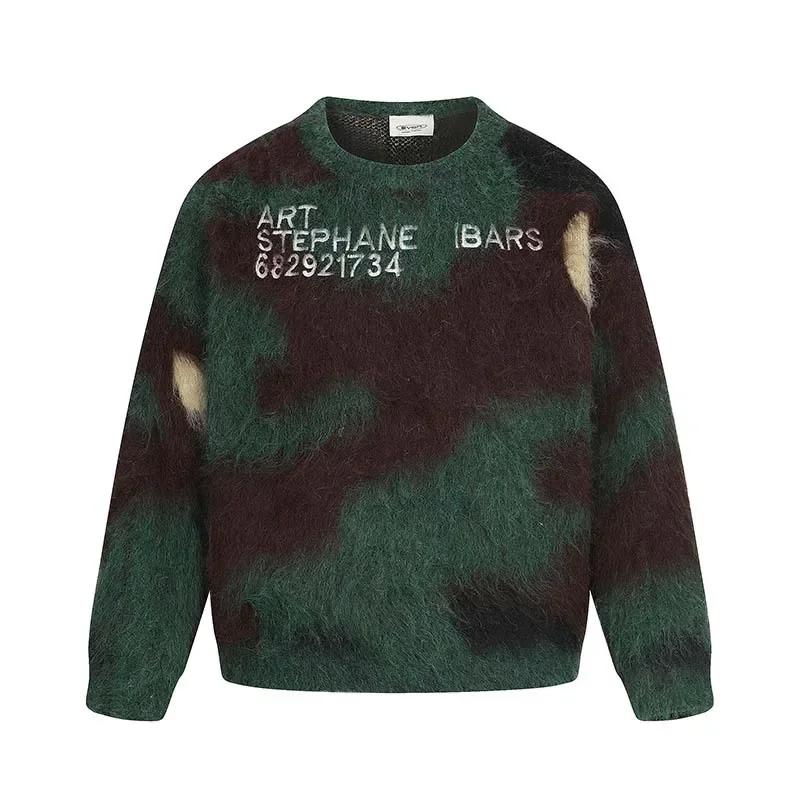 STREETRICH Men s Brand Loose Casual Knitted Sweater American Letter Contrasting Color Seahorse Hair Crew Neck Long Sleeve Sweater Trendy M зелёный
