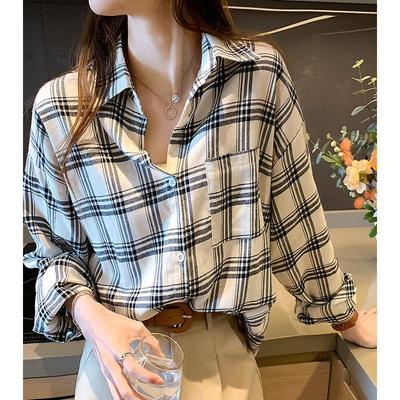 Frühling und Herbst Damen T-Shirt Retro Plaid Print Lockeres und vielseitiges Revers Langarmshirt Damenoberteile Bluse