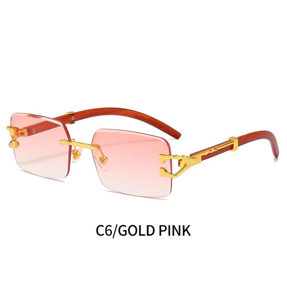 Gafas de Sol Cuadradas Vintage Sin Montura Mujer Hombre Lujo Populares Viaje Conducir Metal Cabeza de Leopardo Gafas de Sol UV400