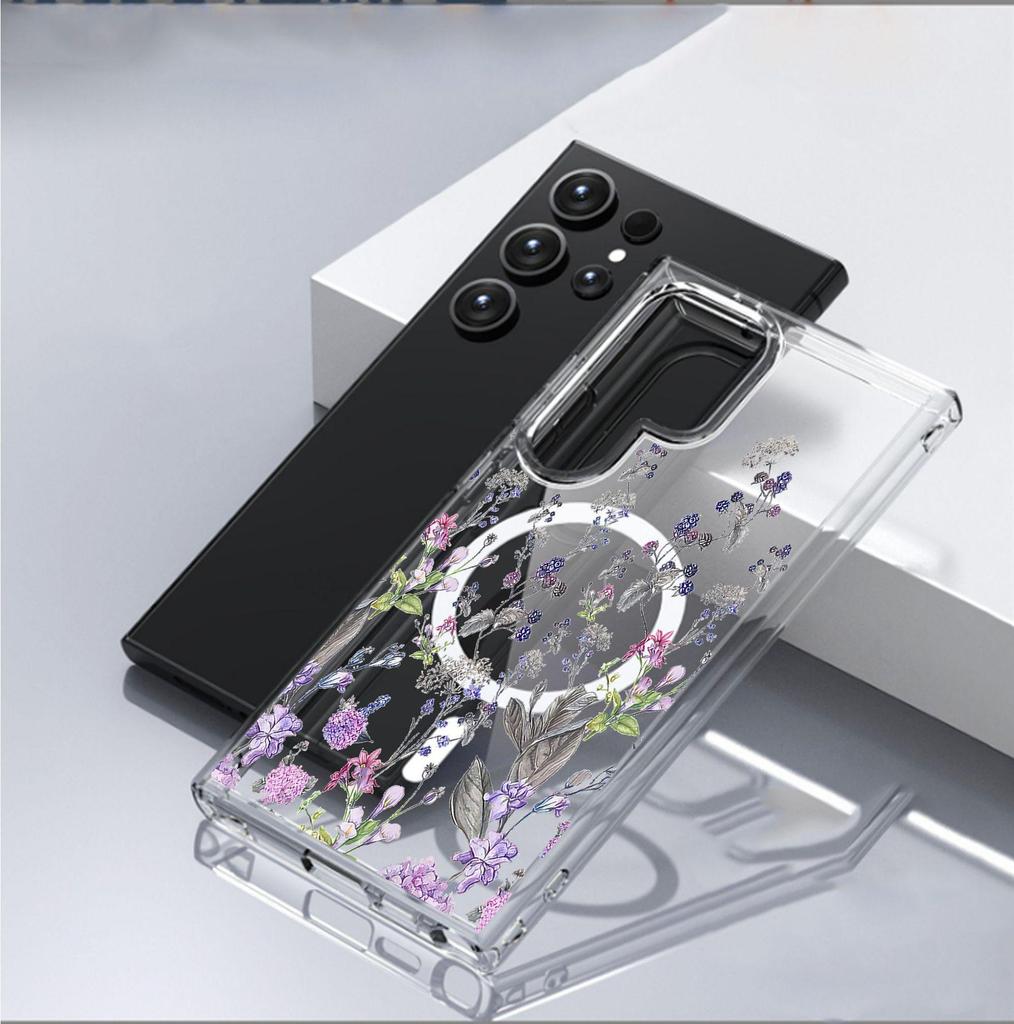 Purple Flower Magnetic Case for iPhone 15/16/17 Pro Max - Transparent Full Coverage Protection