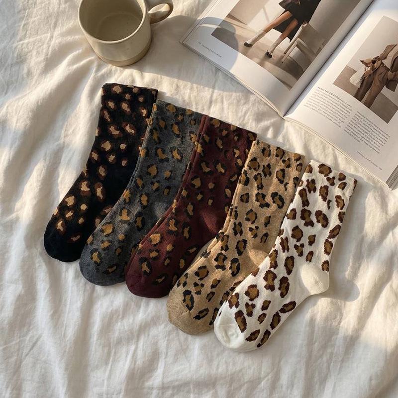 Women's Retro Leopard Print Mid-Calf Socks - Autumn/Winter Melange Cotton Slouch Style, Korean Trendy Long Socks, In Stock.