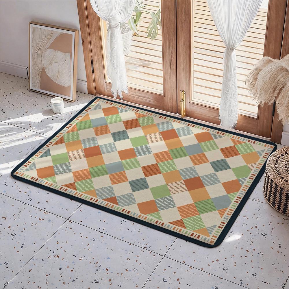 Checked Tablecloth ART Floor Mat Eco Flannel Doormat Non Slip Odorless Indoor Floor Rug Soft Short Plush Home Mat