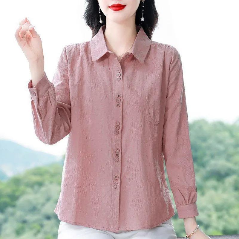 women cotton linen blend shirt turn down collar long sleeve button down casual blouse L розовый
