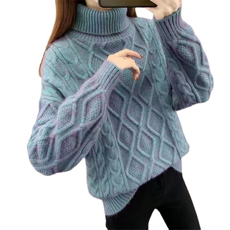 Geometric Cable Pattern Mid-Length Hip-Covering Sweater for Women, Autumn/Winter Vintage Warm Turtleneck Sweater for Women, Loose, Lazy, Versatile for