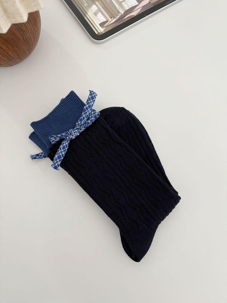Korean Style Navy Preppy Plaid Bow Mid-Calf Socks with Flower Button and Lace Cuff for Women