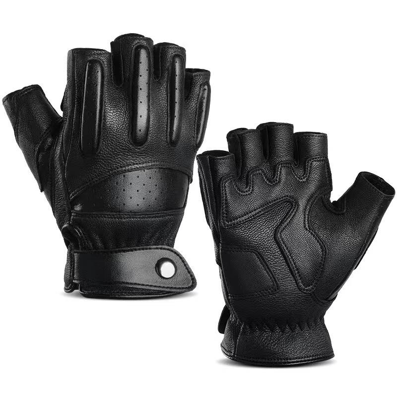 Men s Breathable Sheepskin Half-Finger Motorcycle Gloves L