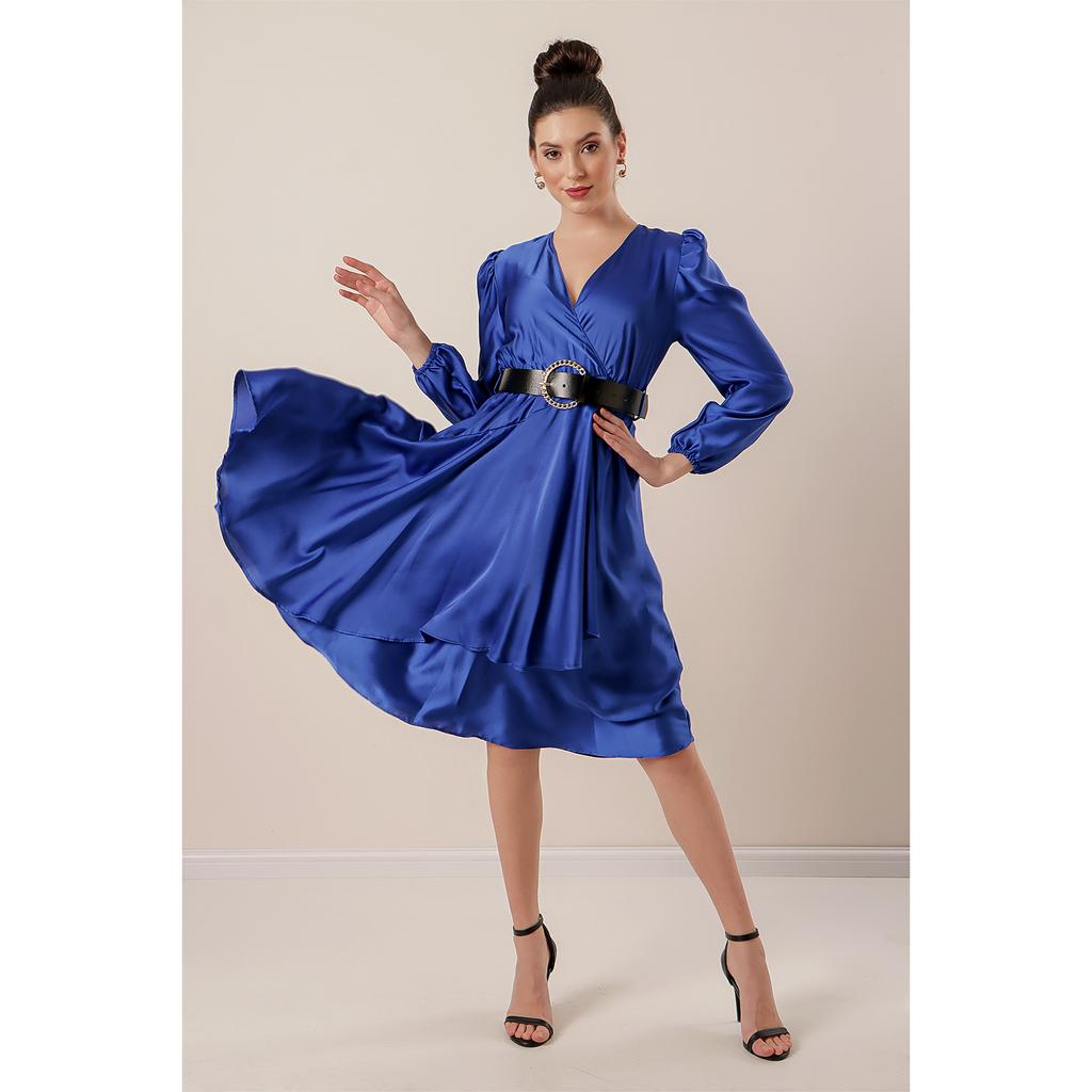 Атласное платье с поясом на талии и оборкой спереди купить недорого ...