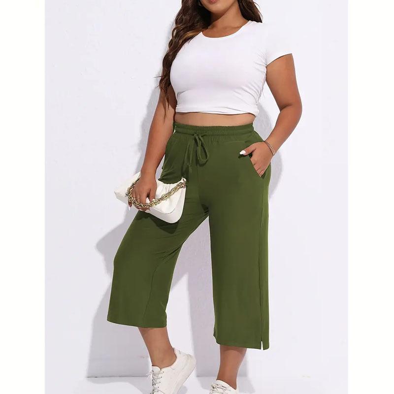 

Women s Solid Color Wide-leg Pants High Waist Drawstring Pocket Cropped Casual Pants S