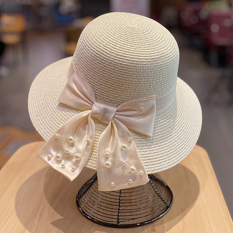 Summer sun protection hat, fashionable and versatile, pearl bow, wide-brimmed straw hat for women, travel bucket hat, sun hat, fisherman hat