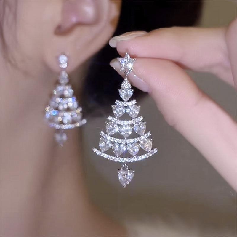 Christmas Shiny Full Rhinestone Christmas Tree Stud Tassel Earrings For Women Wedding Party Jewelry Girl  Earring Jewerly