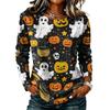 Women's Long Sleeve Top with Round Neck and Halloween Print for Casual Wear and Party