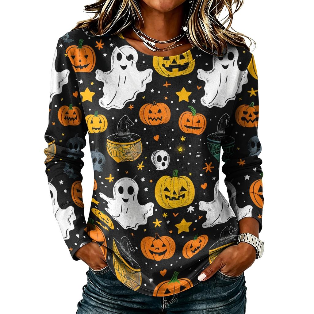 Women's Long Sleeve Top with Round Neck and Halloween Print for Casual Wear and Party