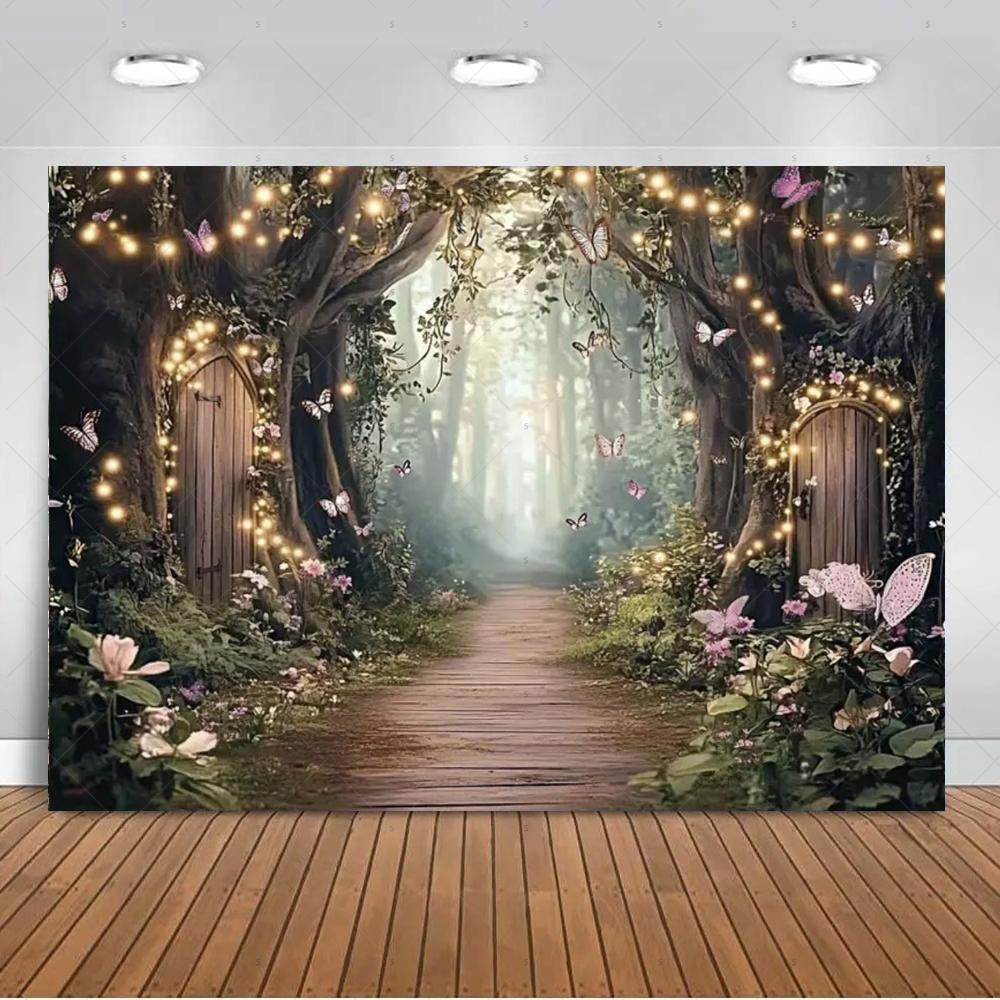 Dreamy fairy tale forest wonderland theme birthday party decorations mushroom house family background banner stud2135